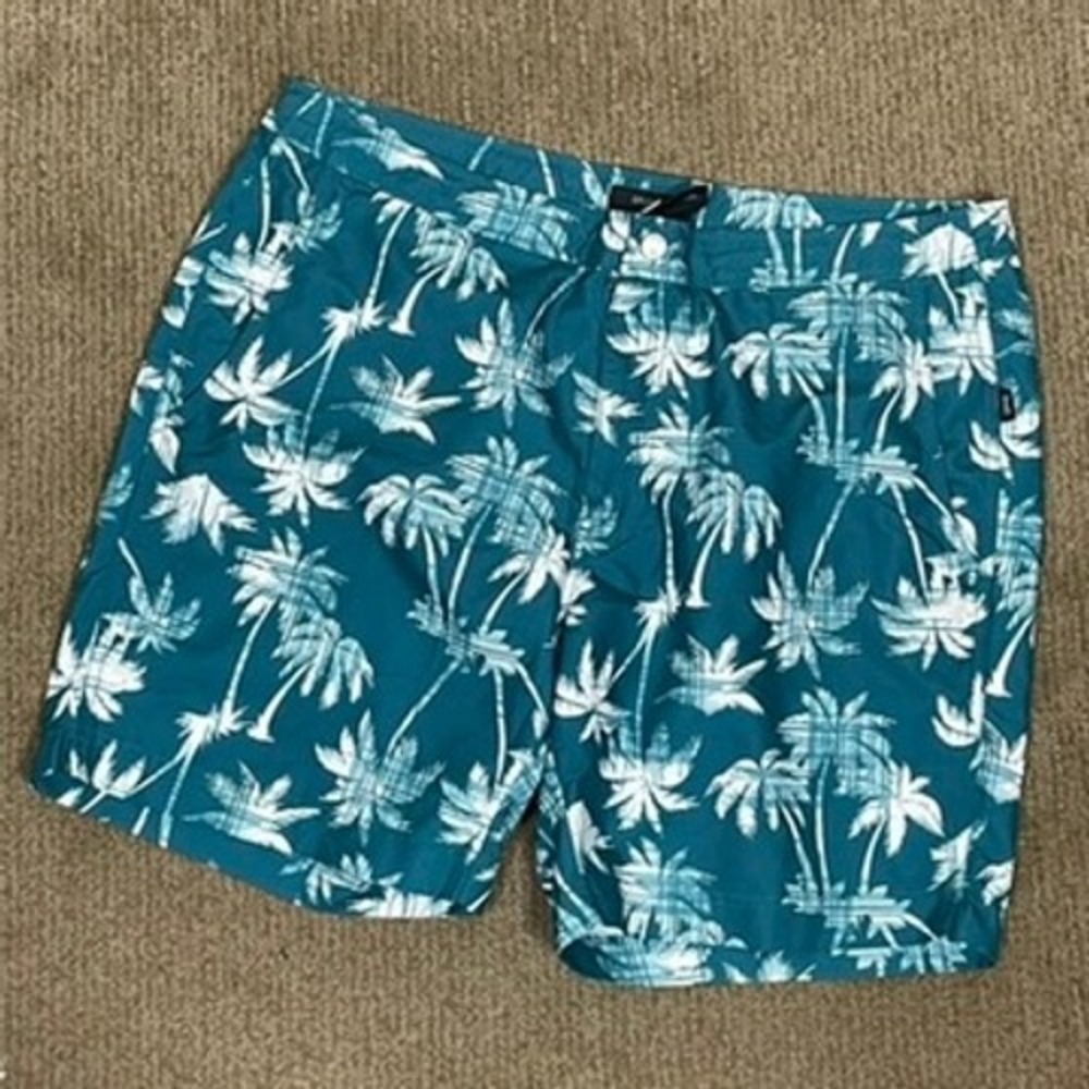 Onia Swim Shorts Mens 36 Teal White Palm Tree Tropical Beach Vacation 8 Inseam